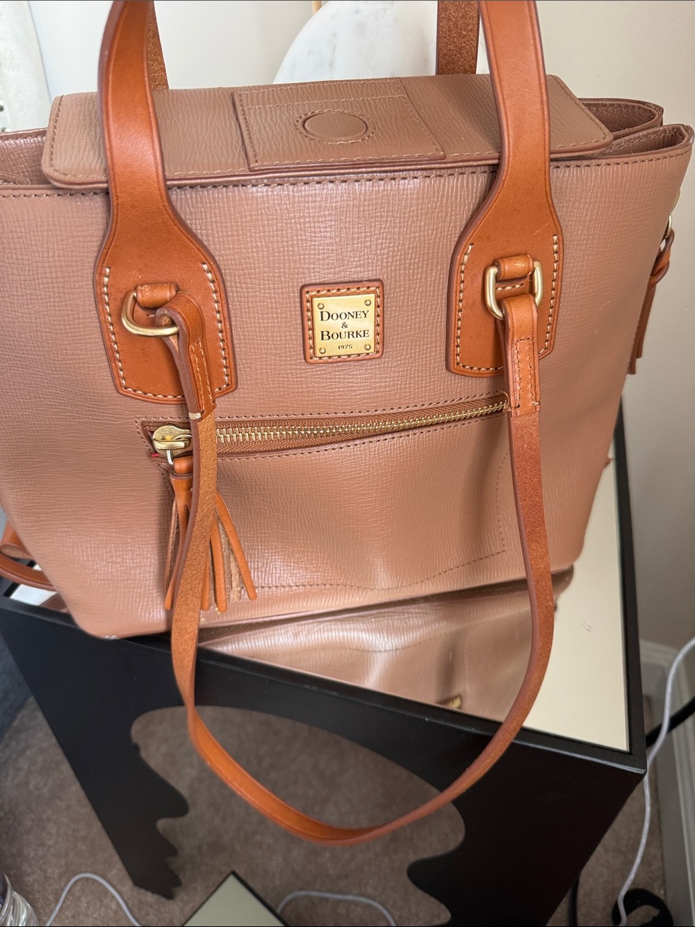Dooney & Bourke Tan Pebbled Leather Tote with Cognac Trim